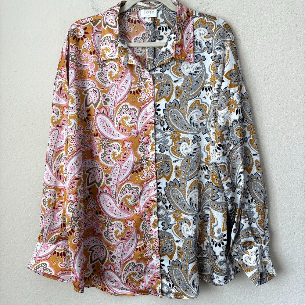Fate Two-Tone Paisley Button-Down Shirt in Mustard, Pink & White